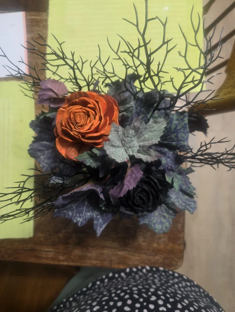 Halloween Artificial Floral Arrangement Cat Theme Black Ceramic Pot 10 Inches
